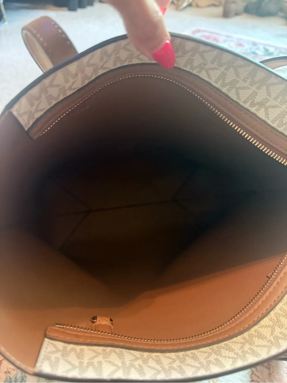 Michael Kors Beige Signature MK Logo Tote with Brown Leather Straps
